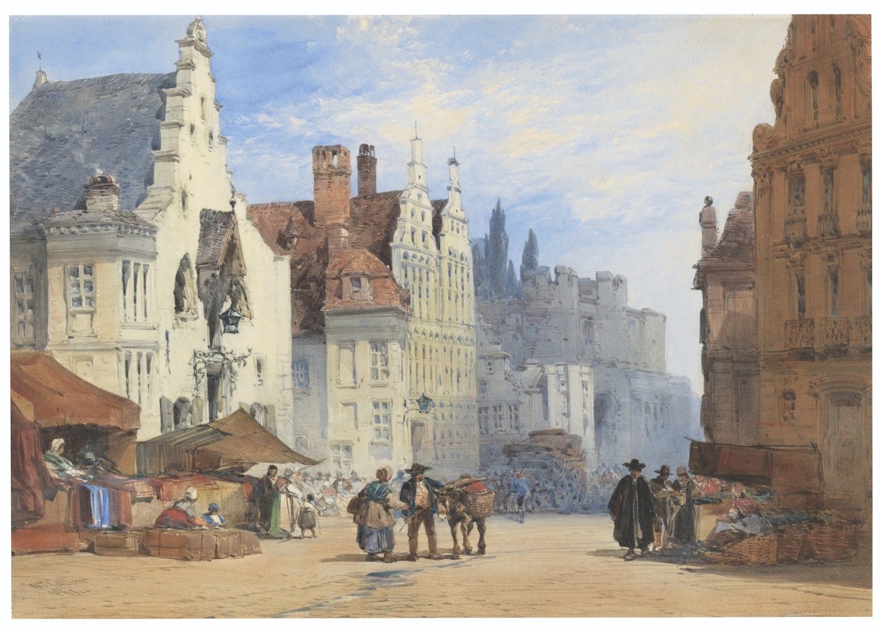 The vegetable market, Ghent, with Gravensteen Castle from Geldmunt behind by William Callow