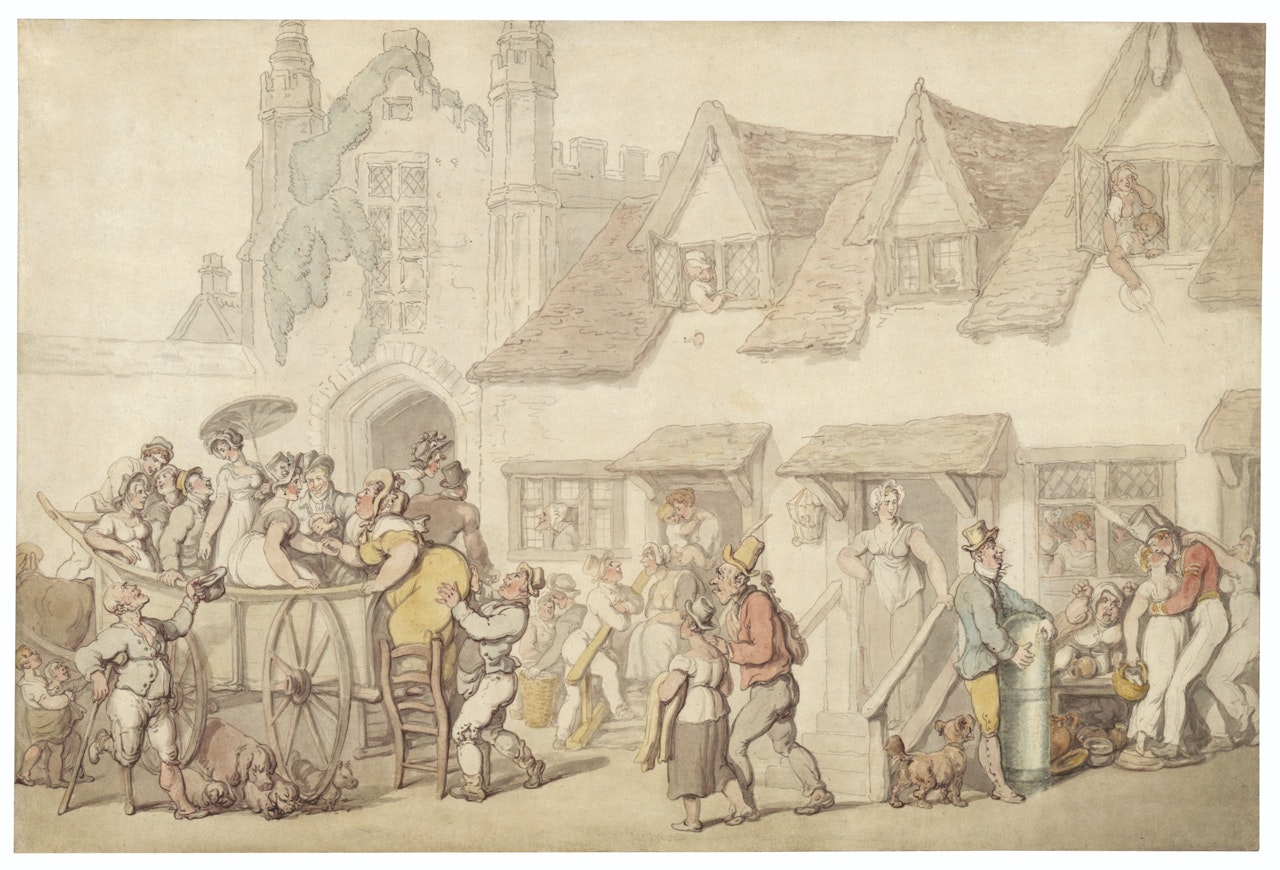 Figures outside a coaching inn by Thomas Rowlandson
