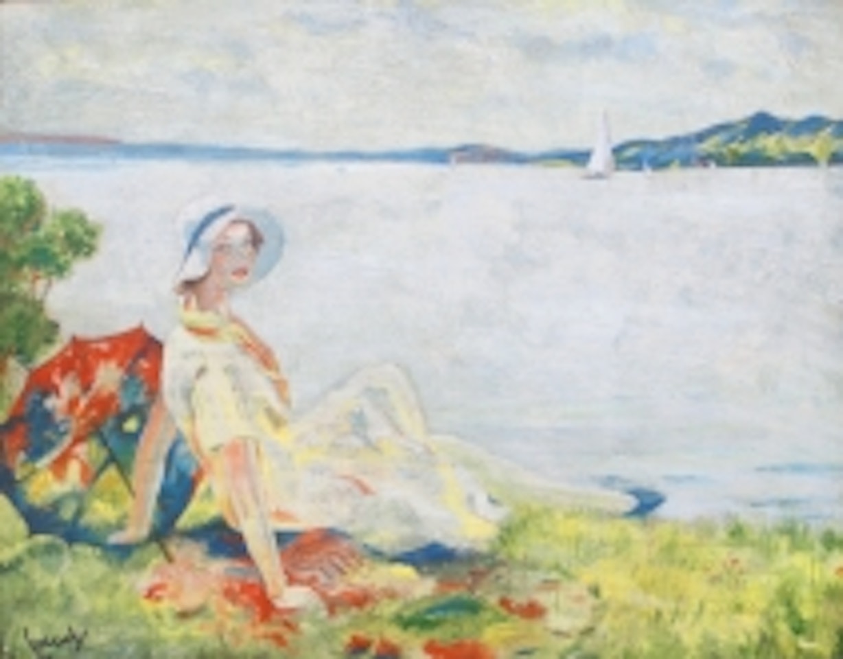 Young girl with parasol lying in front of the sea by Edward Cucuel