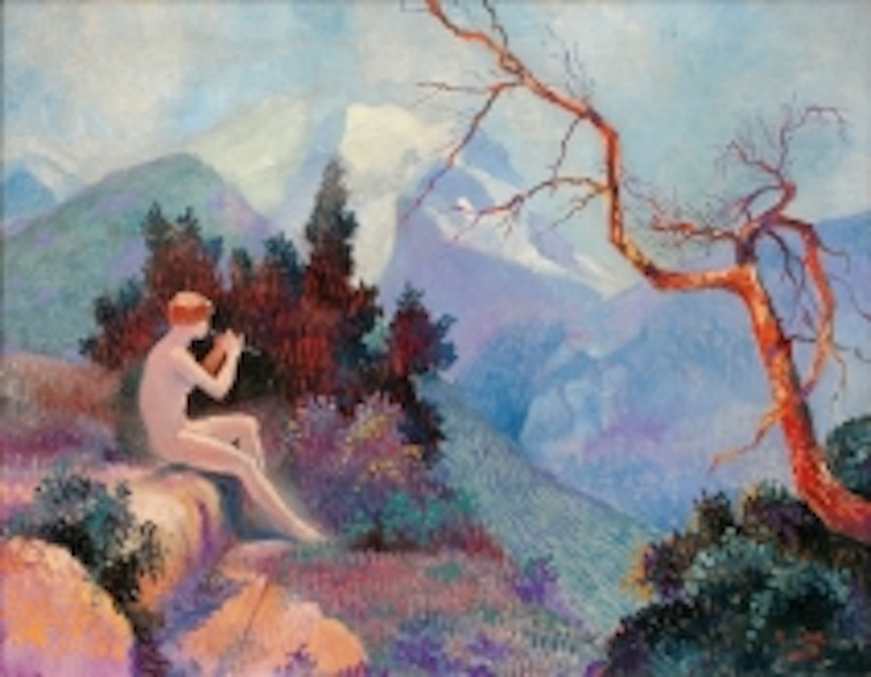 Young flutist in the mountain by French School