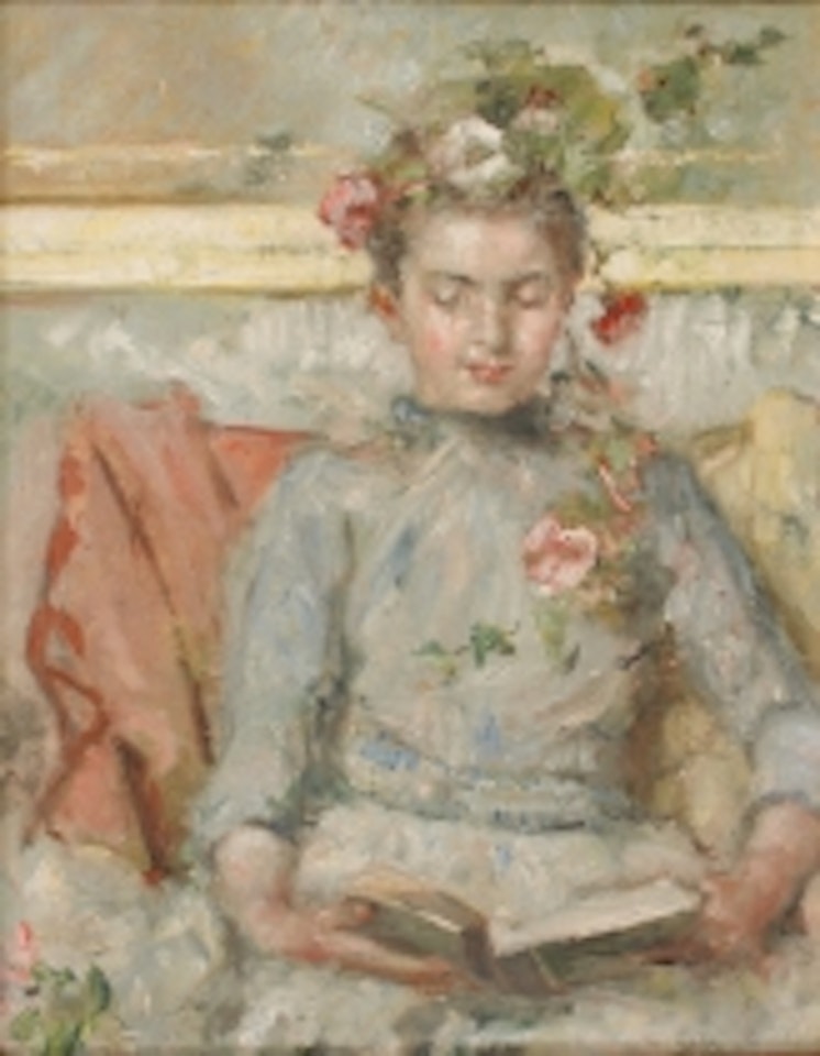 Young girl reading by Russian School