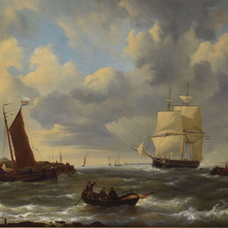Sailing ships in the harbour by Dutch School
