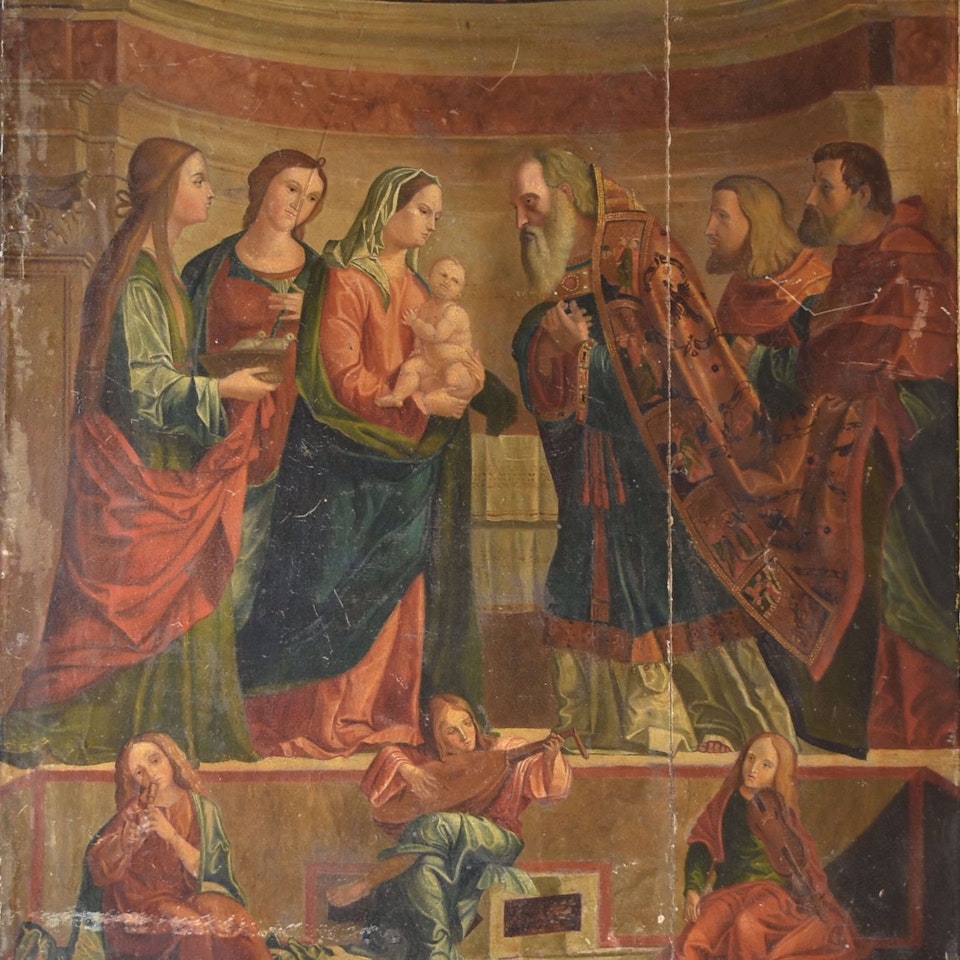Center panel decorated with Holy Family and musical amors by Flemish School