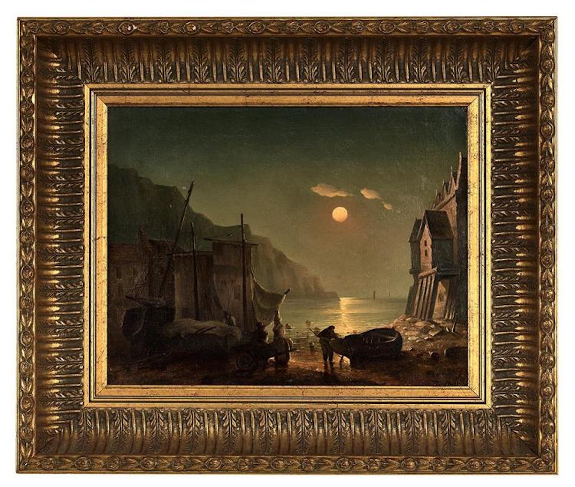 "Sunset Scene with Figures and Fishing Boats on the Shore" by Ivan Konstantinovich Aivazovsky