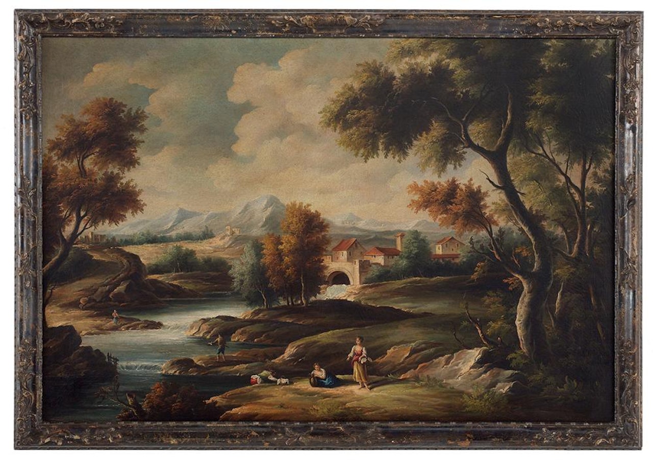 "Riverscape near Mountains with Washwomen and a Fisherman" by Italian School