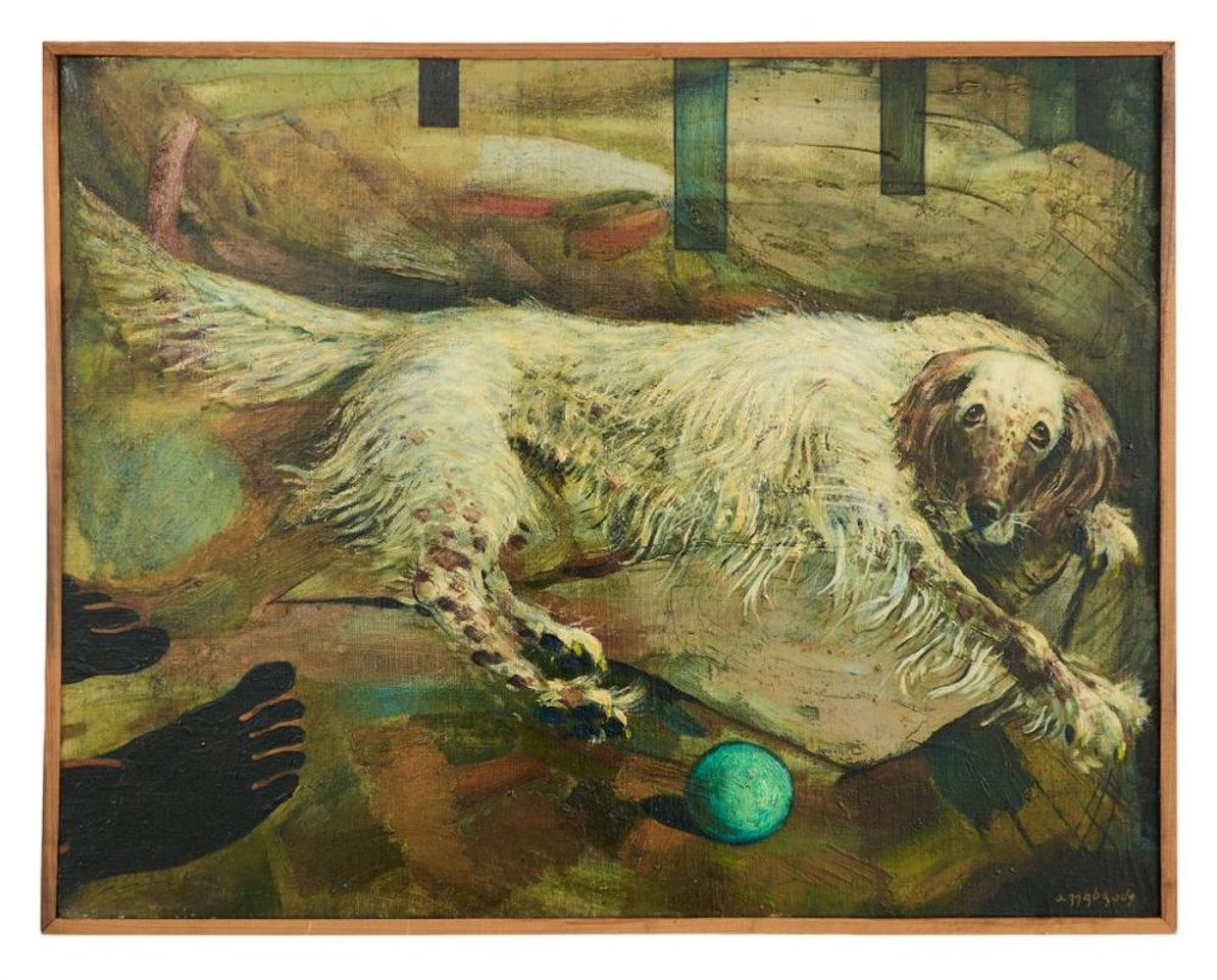 "Borzoi with a Green Ball" by Russian School