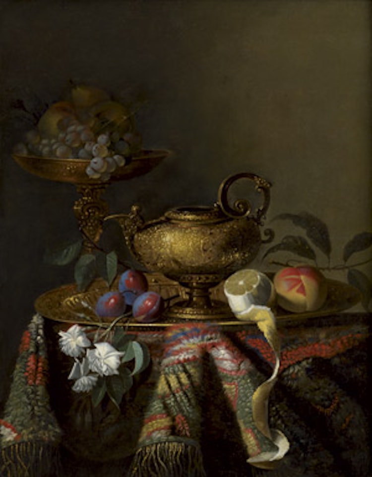 Still life with magnificent silver, plums and exotic fruits by French School