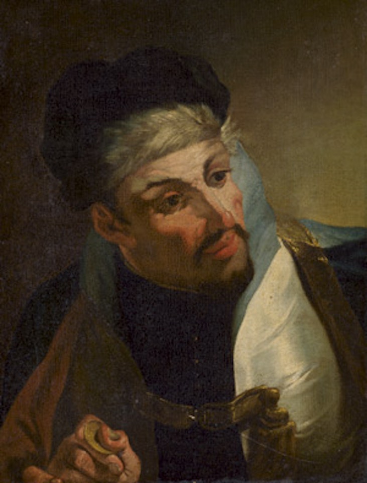 Portrait of a gentleman with a fur cap, a coin in his hand by Venetian School