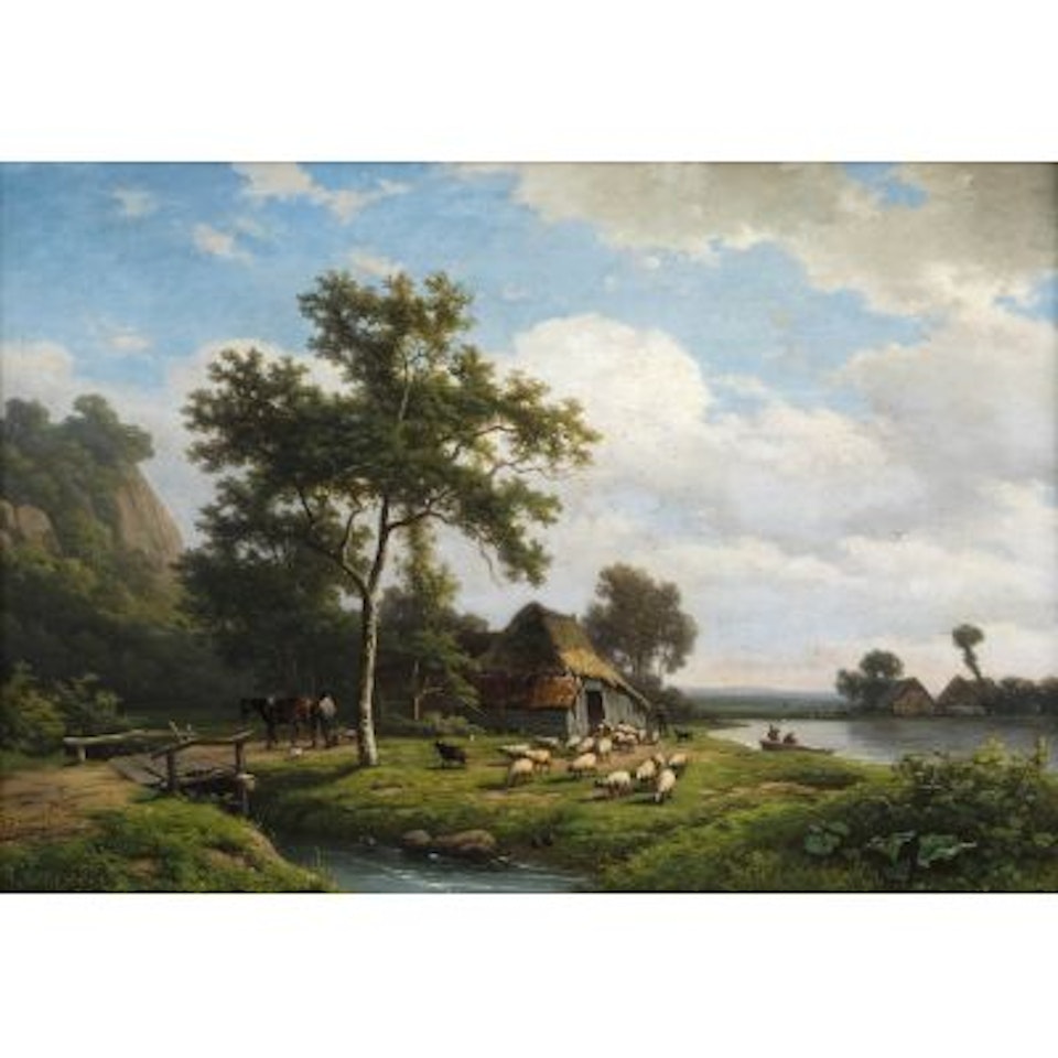 River landscape with shepherd and sheep by the stable, wood gatherer with horse and cart and a couple of fishermen by Eugène Joseph Verboeckhoven
