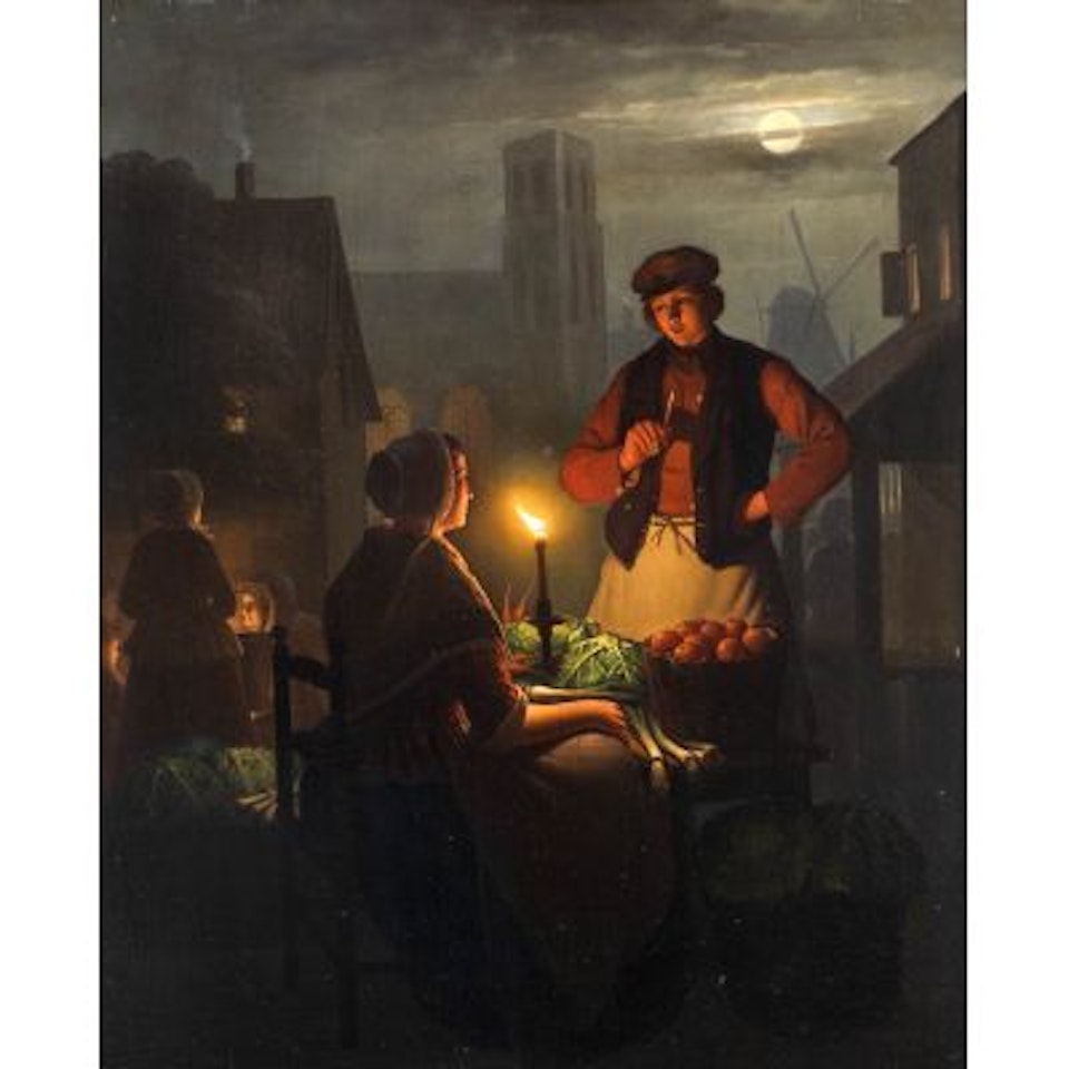 Nocturnal market scene with vegetable farmer by candlelight. by Petrus van Schendel