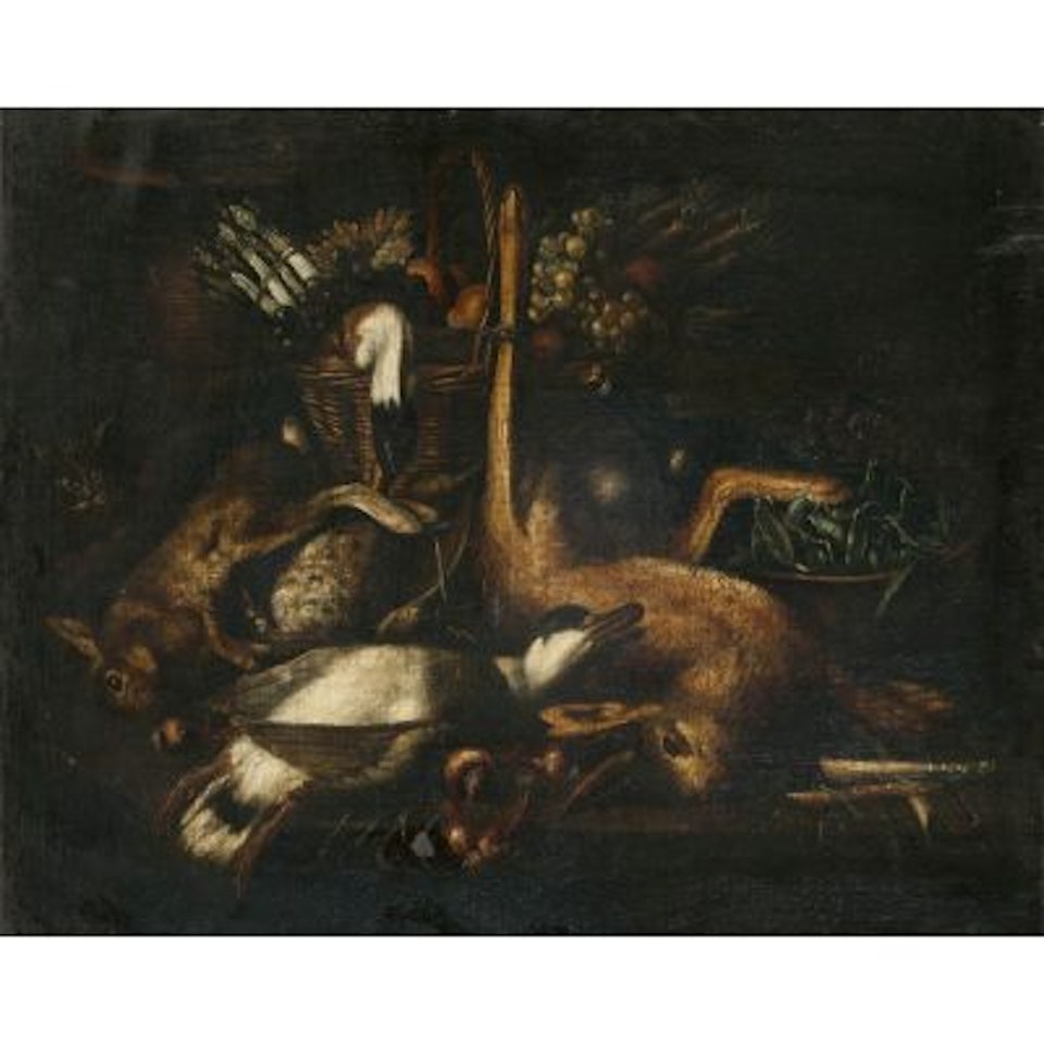 Hunting still life with hare, poultry and fruit by Jean-Baptiste Oudry