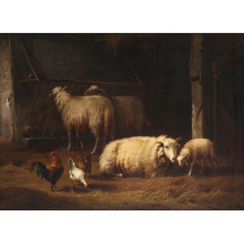 Sheep, rooster en chickens in the stable by Eugène Joseph Verboeckhoven