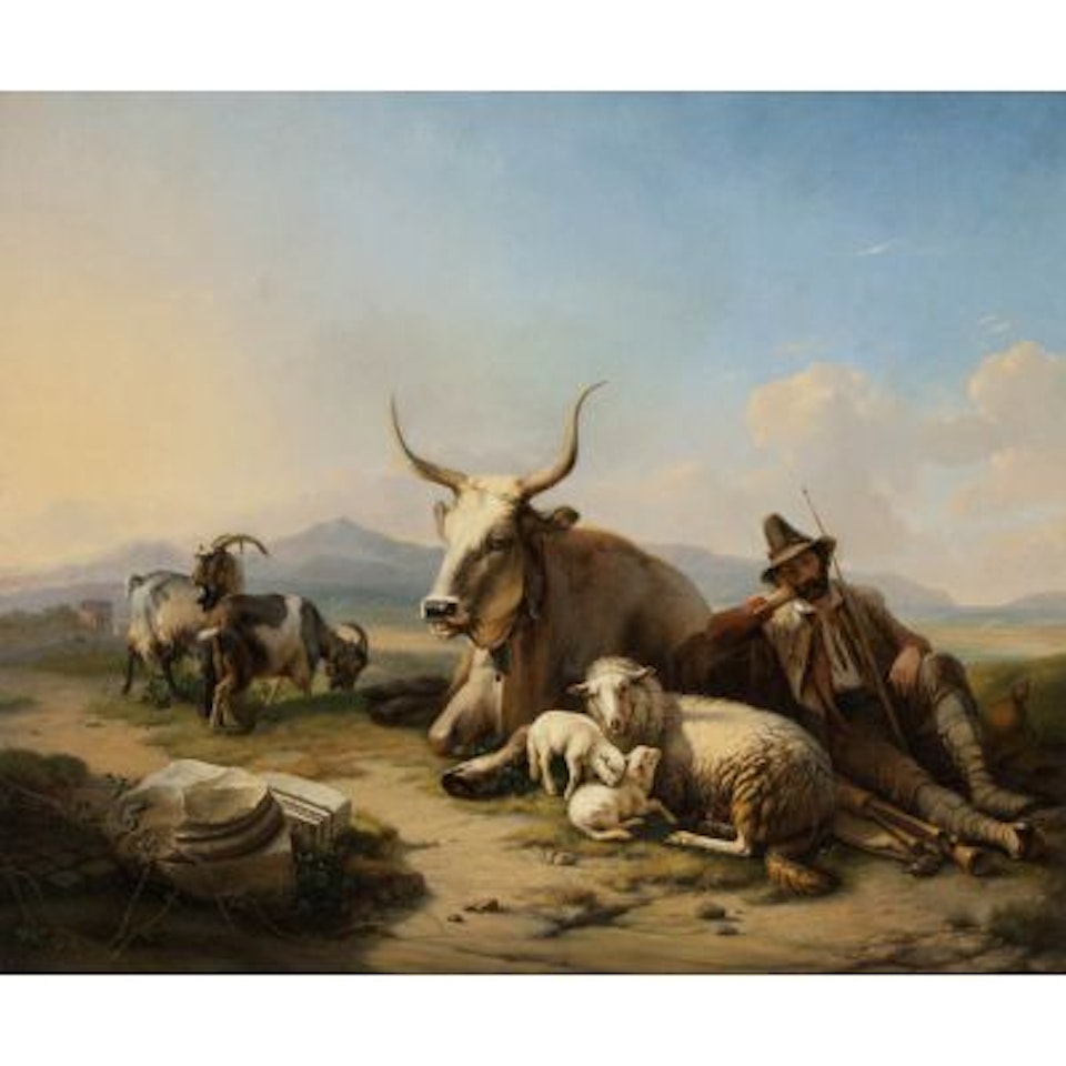 Mediterranean landscape with resting shepherd, bull, sheep and billy goats by Eugène Joseph Verboeckhoven