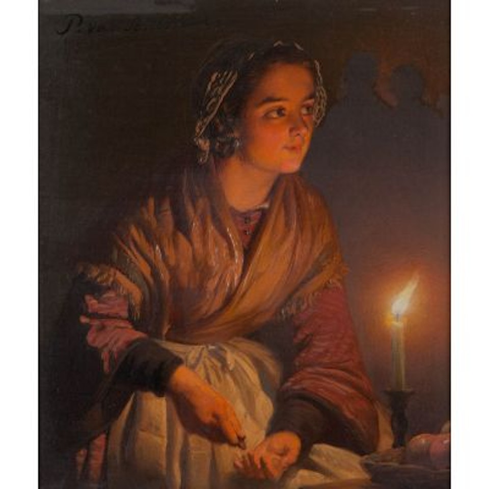Girl at candlelight, shadows in the back by Petrus van Schendel