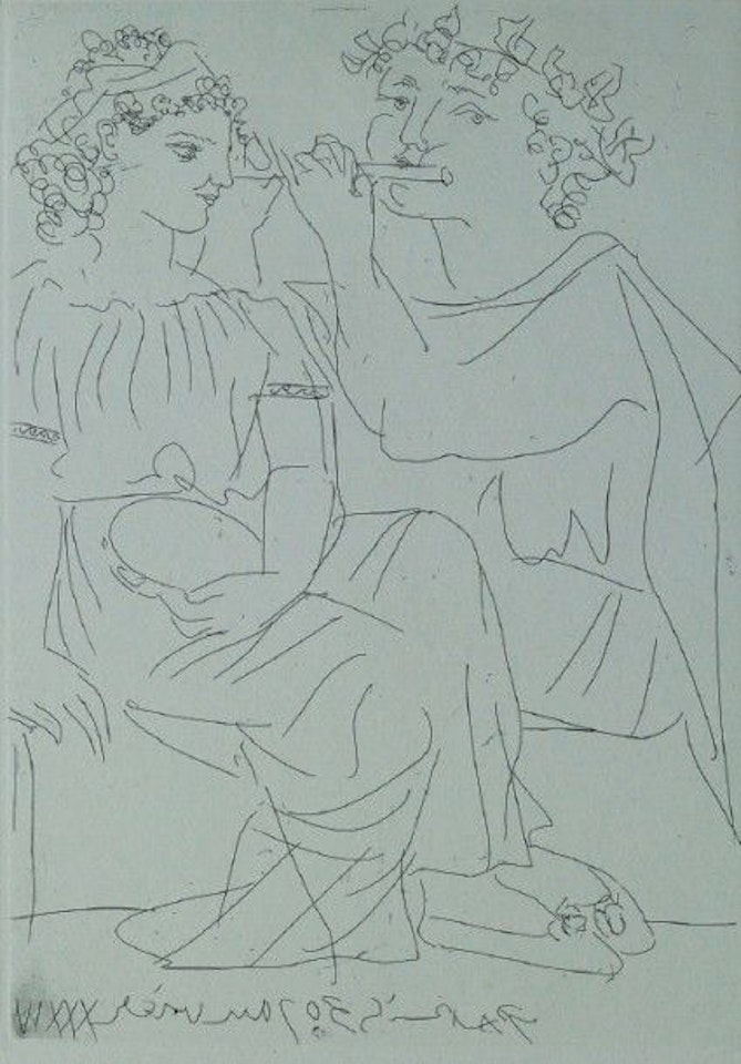 Flutist and young girl with tambourine by Pablo Picasso