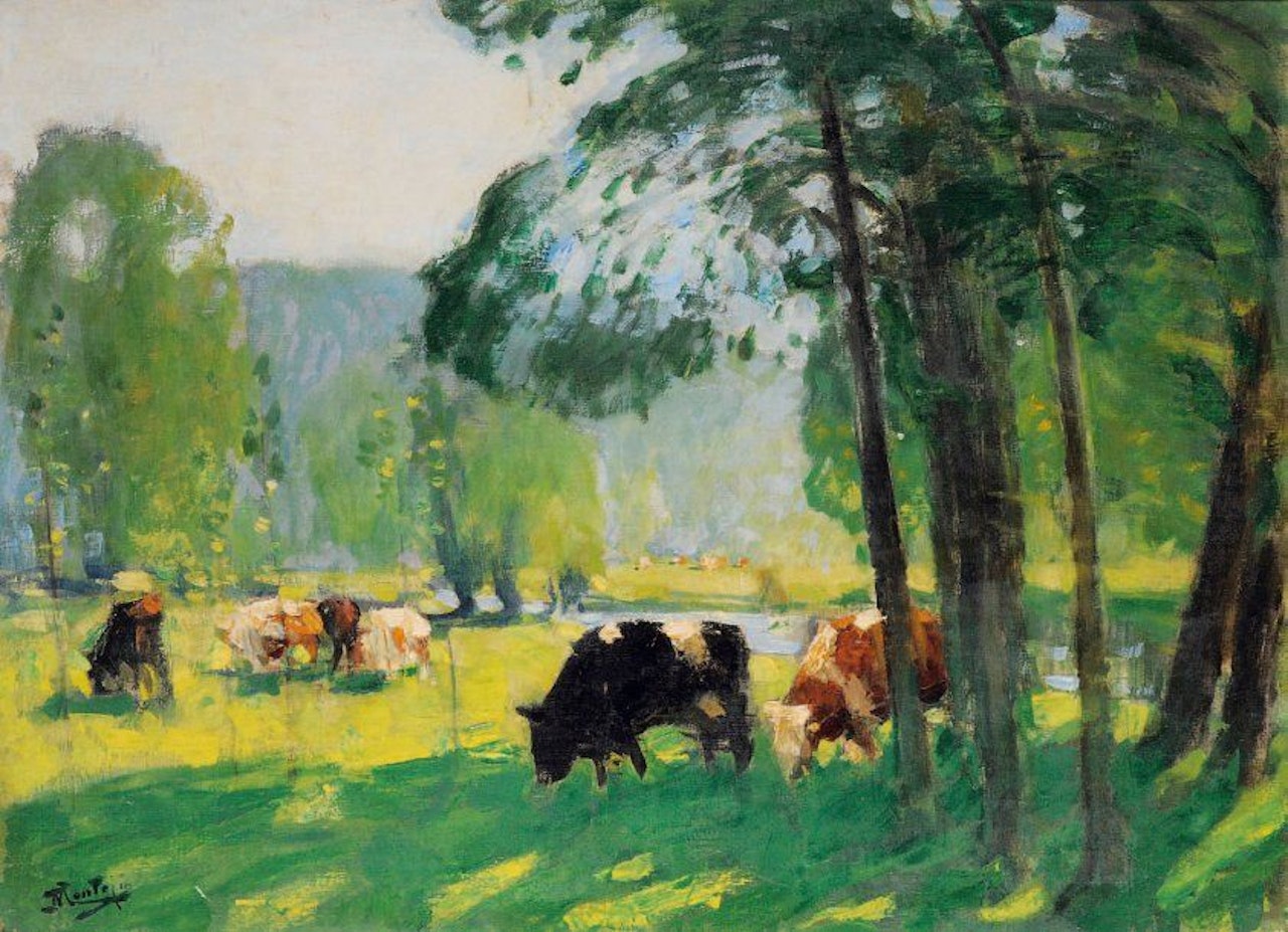 Watercourse crossing a pasture by Pierre Eugène Montezin