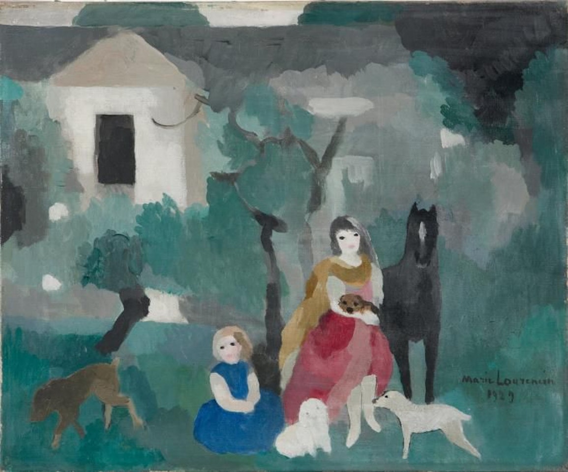 Woman, little girl and their dogs in the countryside by Marie Laurencin