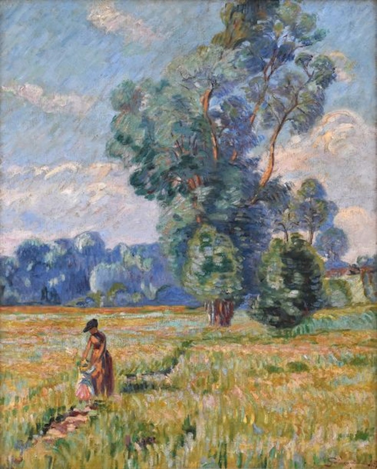 Woman and child in a landscape by Armand Guillaumin