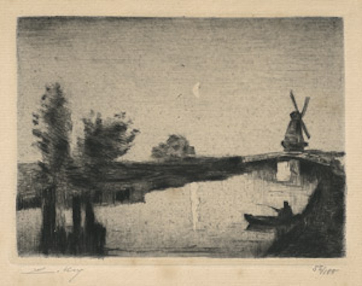 Canal with mill in the moonlight by Lesser Ury