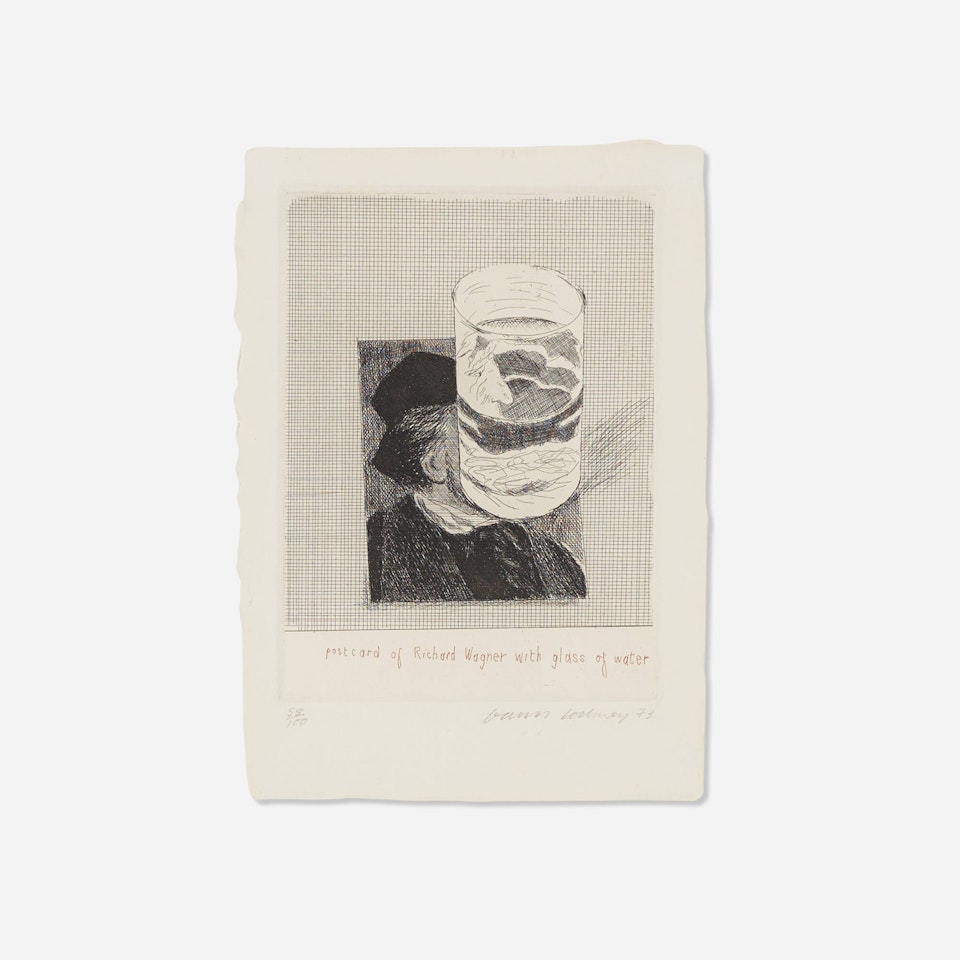 Postcard of Richard Wagner with a Glass of Water (from the Eighteen Small Prints portfolio) by David Hockney