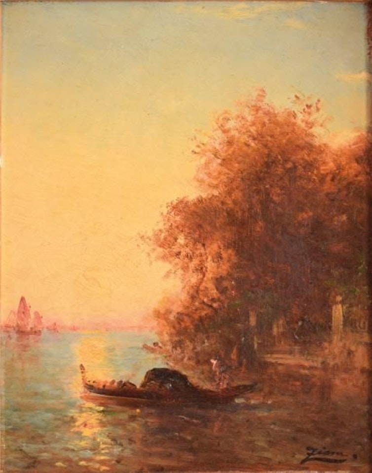 Gondola near a park in the evening by Félix Ziem