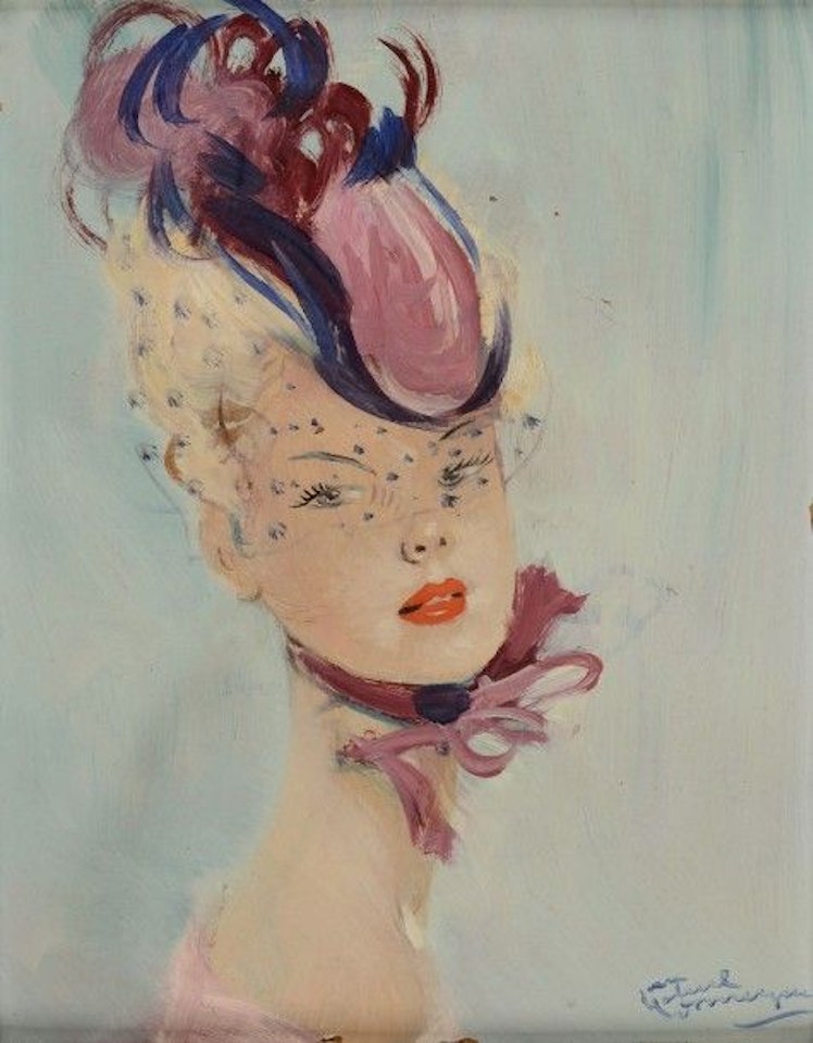 Young blonde woman in fuchsia hat by Jean Gabriel Domergue