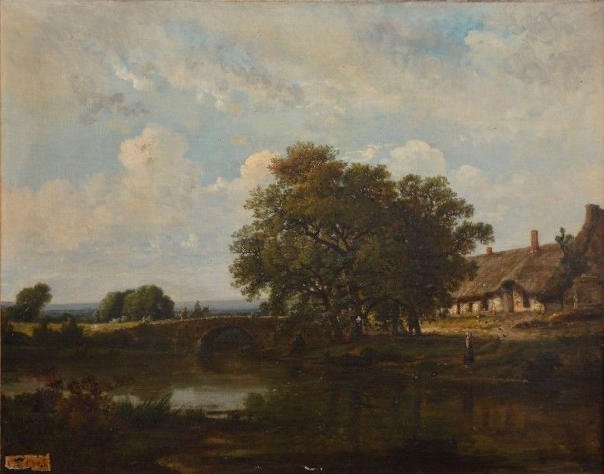 Thatched cottage near the bridge by French School
