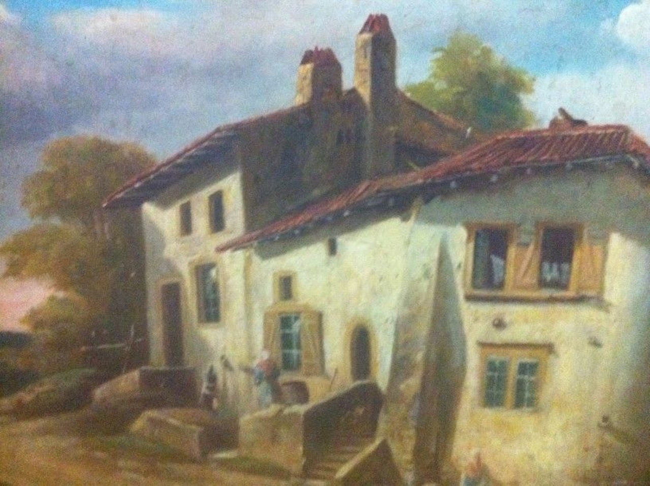 Women in front of a farm by French School
