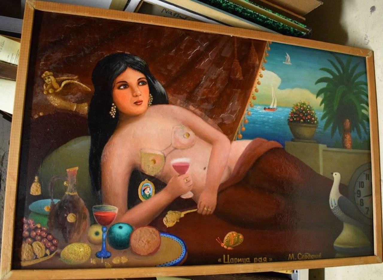 Woman with glass of wine by Russian School