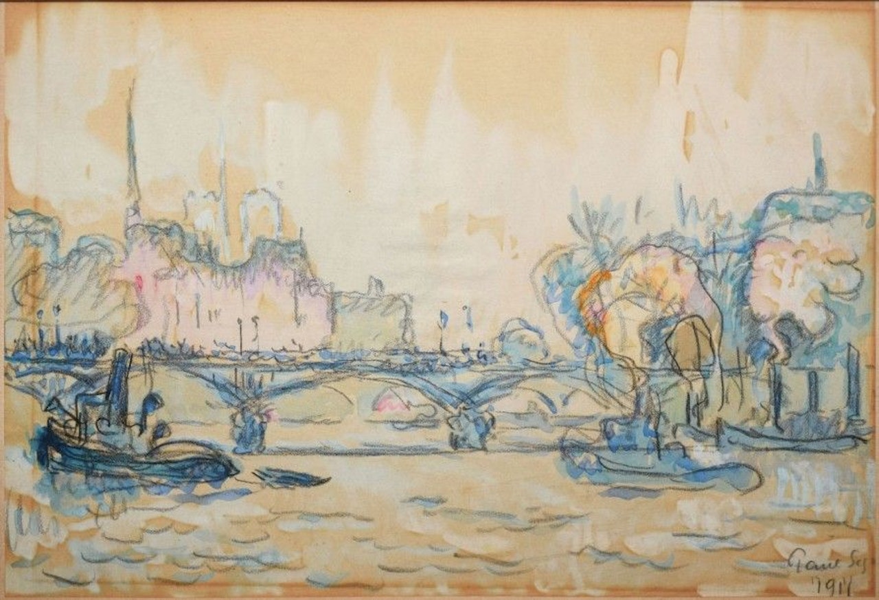 Bridge and tugboat on the Seine in Paris by Paul Signac