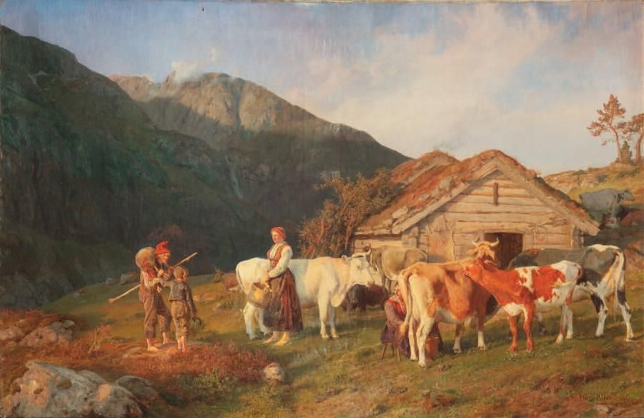Flock and shepherds in the mountain pastures by Anders Monsen Askevold