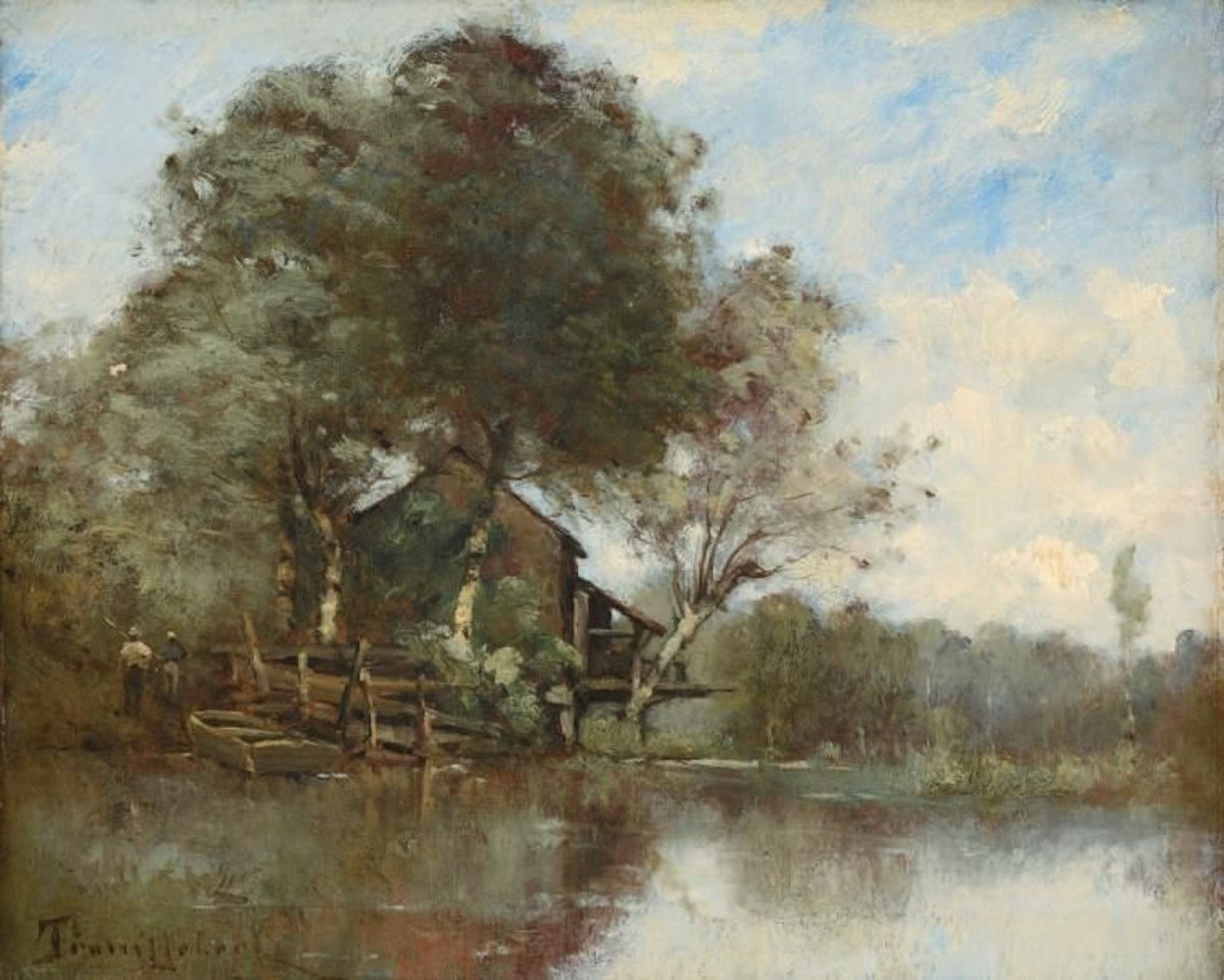 House and fishermen by the river by Paul Désiré Trouillebert