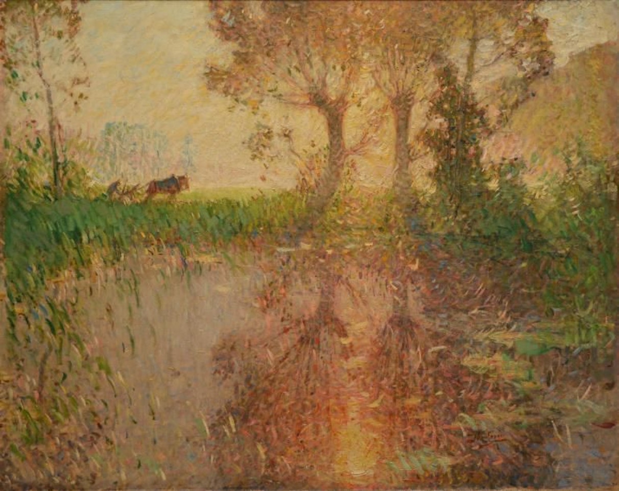Pond at dusk, sun by Pierre Eugène Montezin