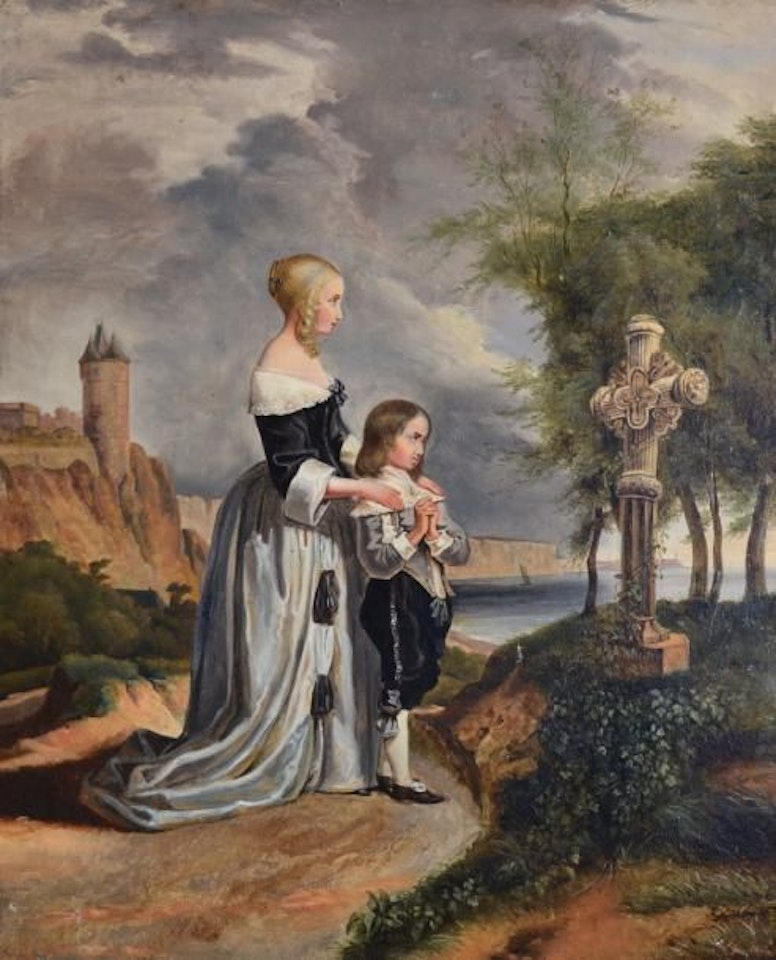 Mother and her son in prayer at Calvary by French School