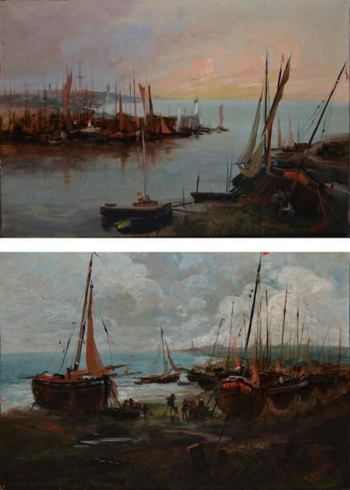 Port entrance - Beached boats by French School