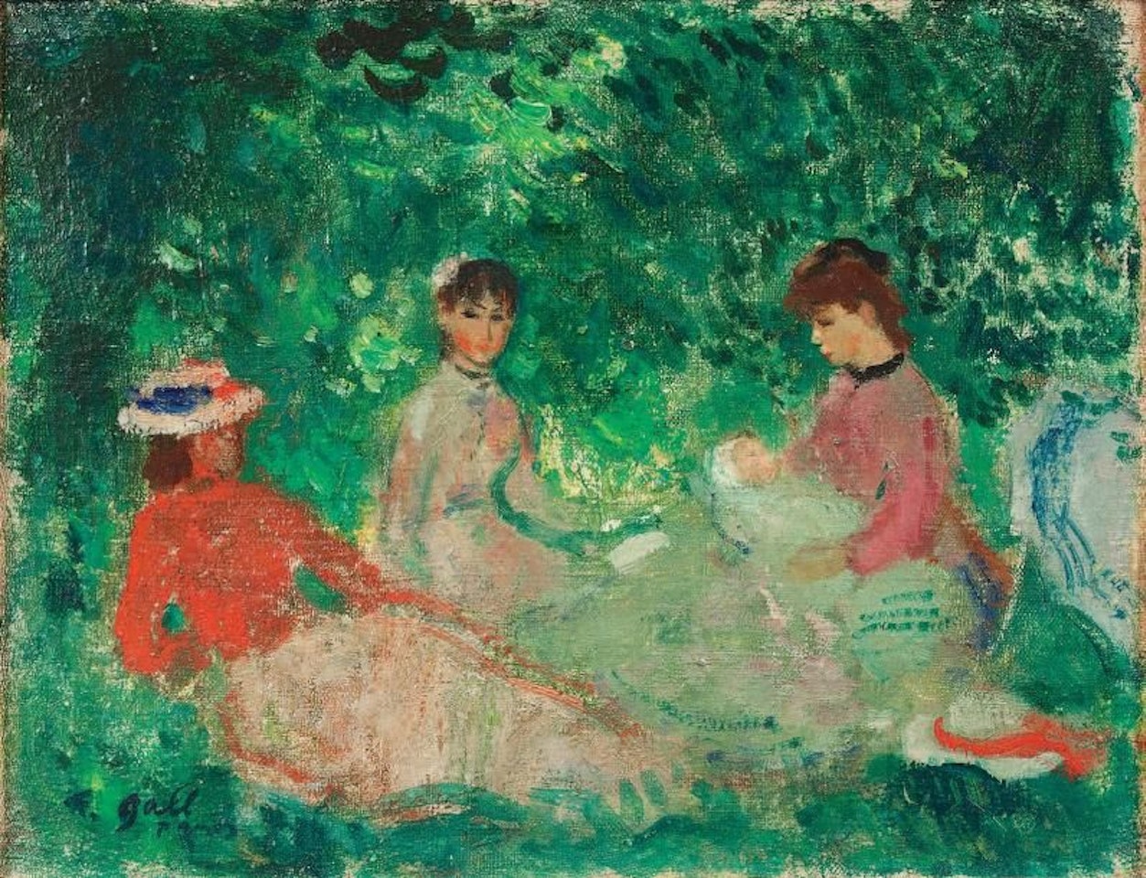 Eugénie with her baby with her friends in a Parisian park in summer by François Gall