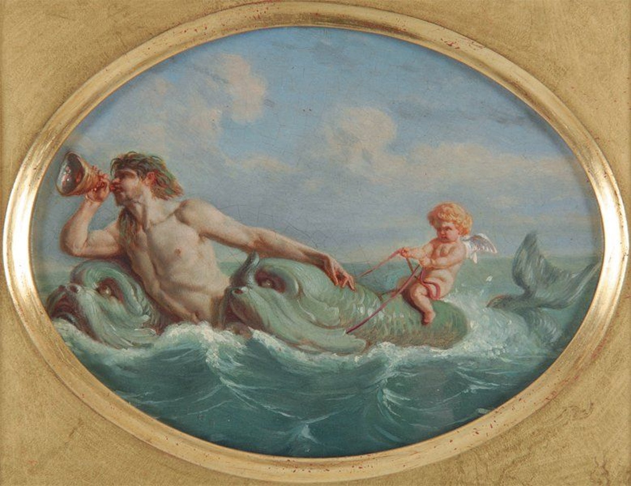 Triton blowing a conch with a love riding dolphins by French School