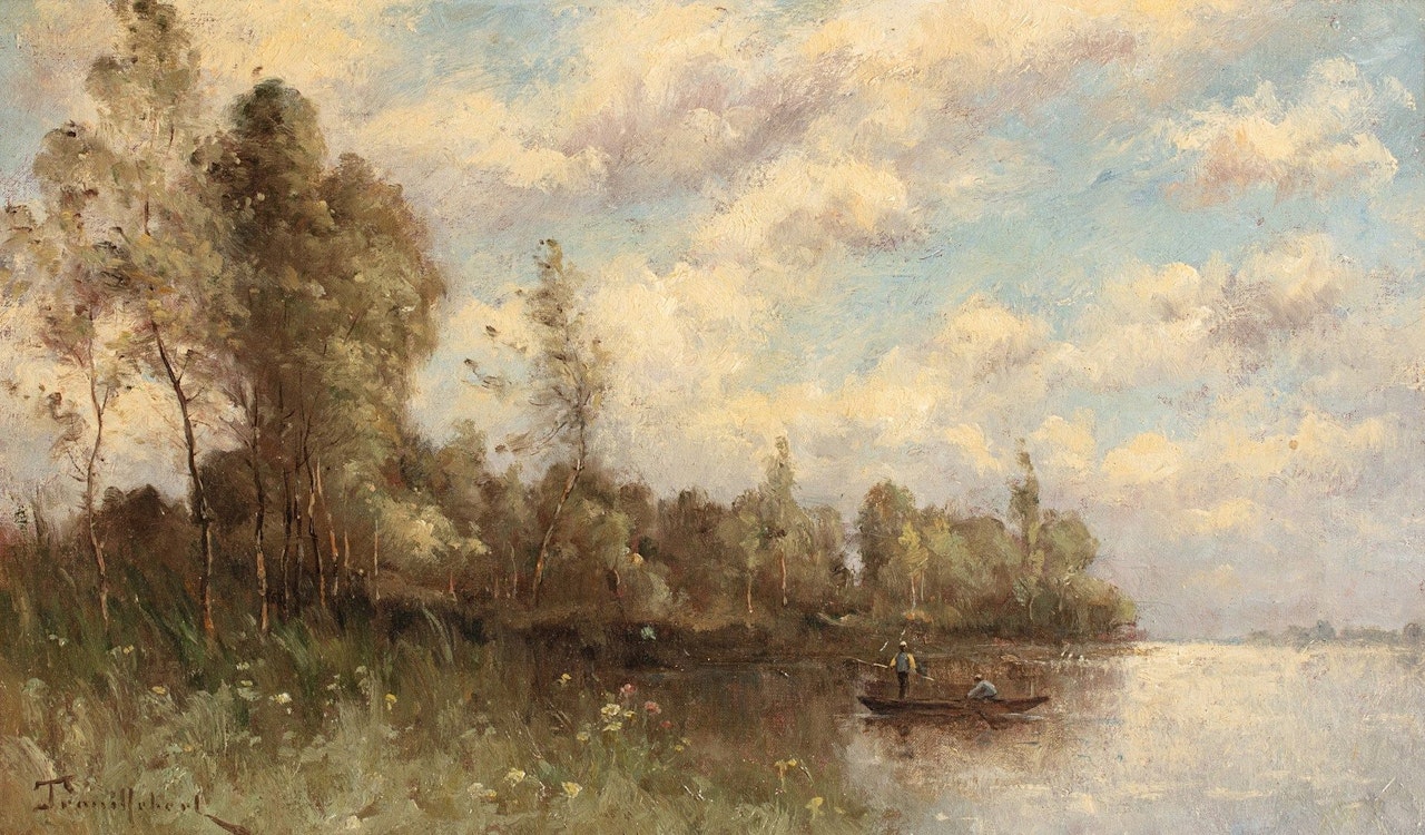 Fishermen in a boat on the banks of the Sarthe at Sablé by Paul Désiré Trouillebert