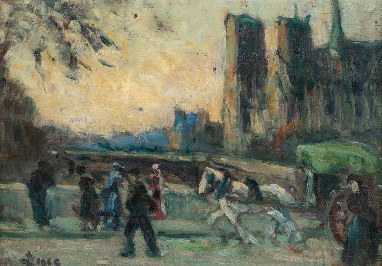 Cart and passers-by in front of Notre-Dame de Paris by Maximilien Luce