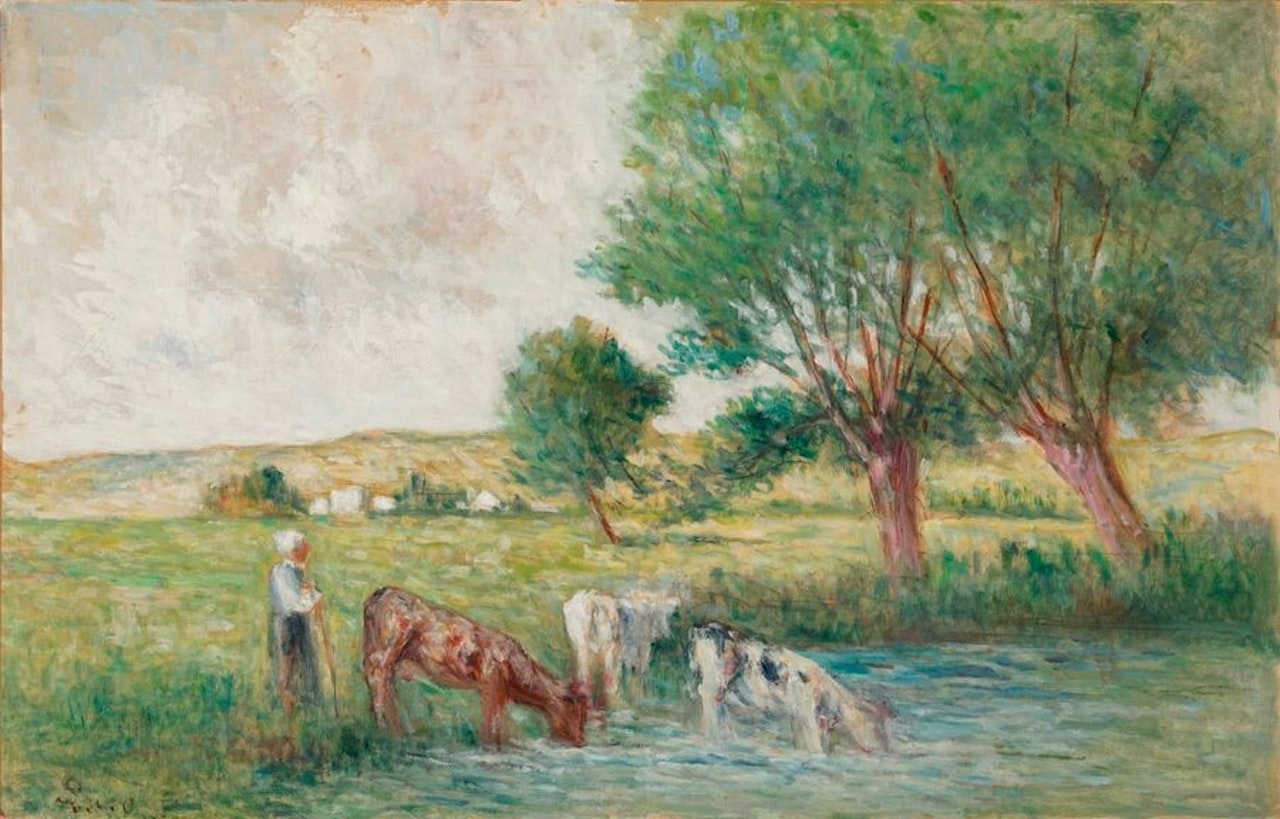Shepherdess and her flock at the river by Maximilien Luce