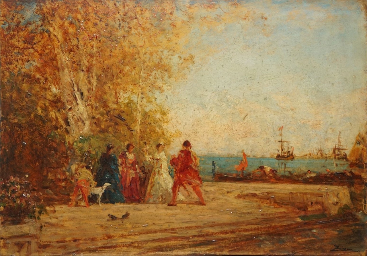 Elegant ladies near the French Gardens, Venice by Félix Ziem