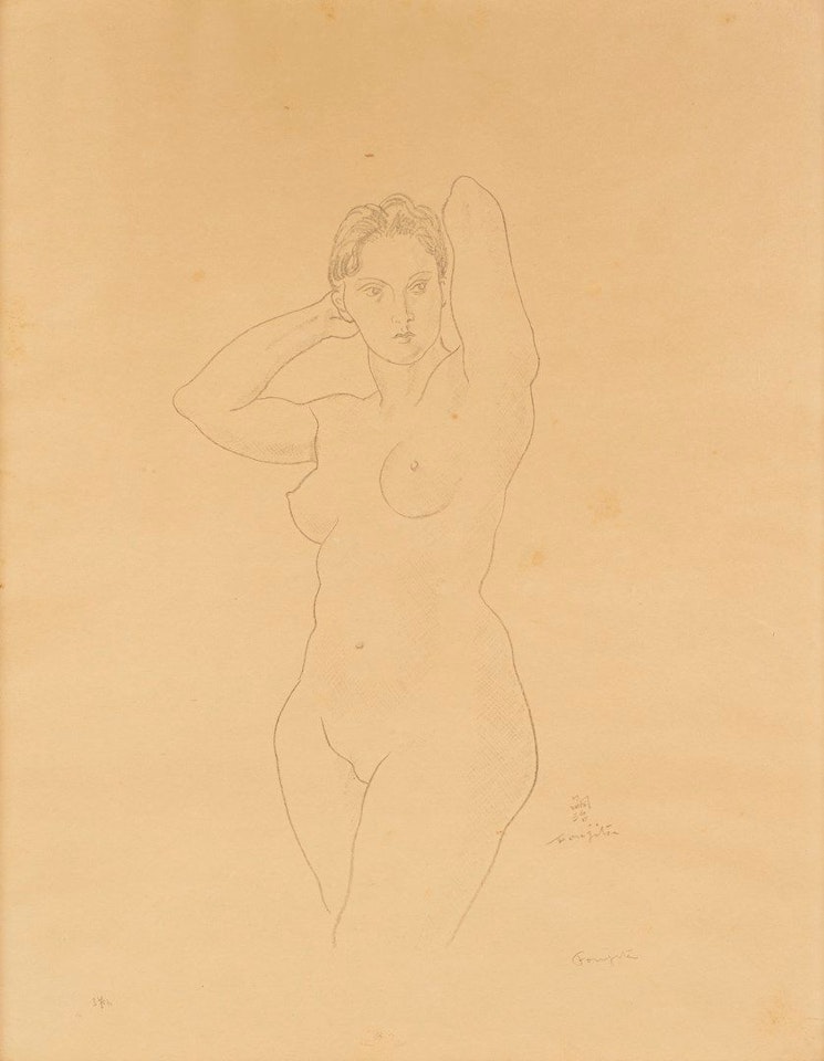 Standing nude with arms raised by Leonard Tsuguharu Foujita