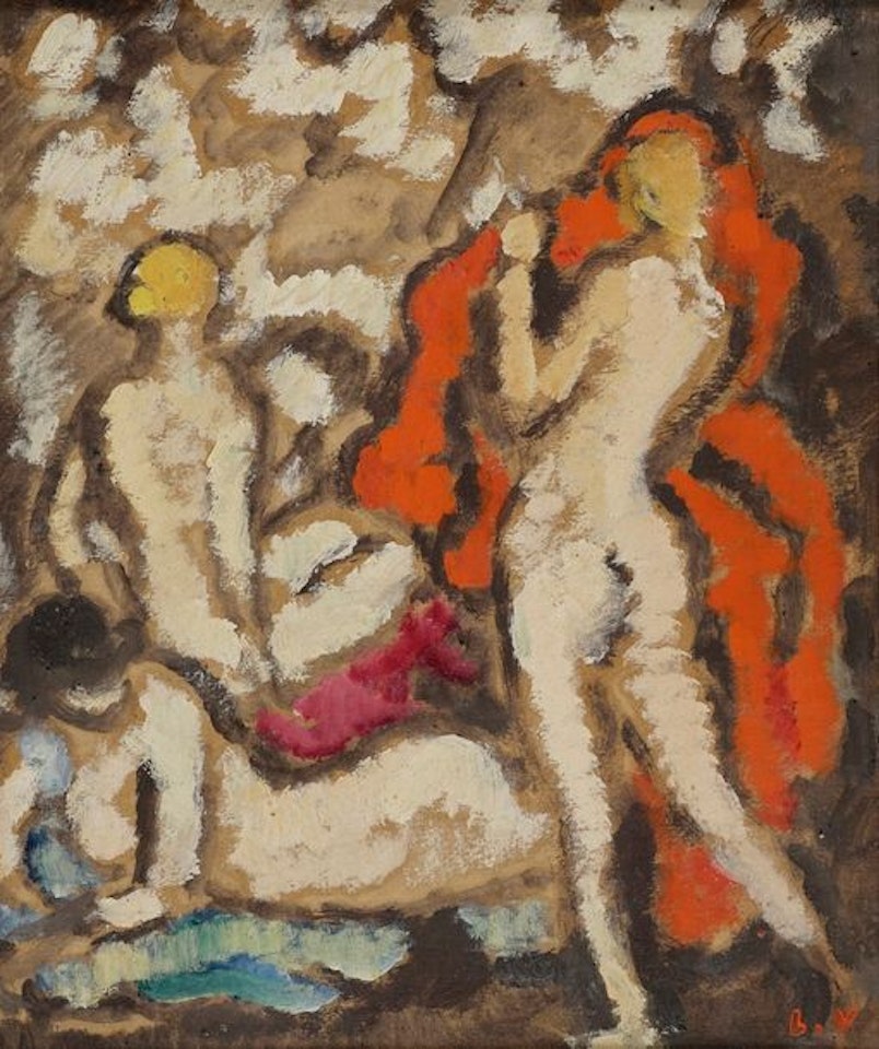 Three young naked women with red drapery by Louis Valtat