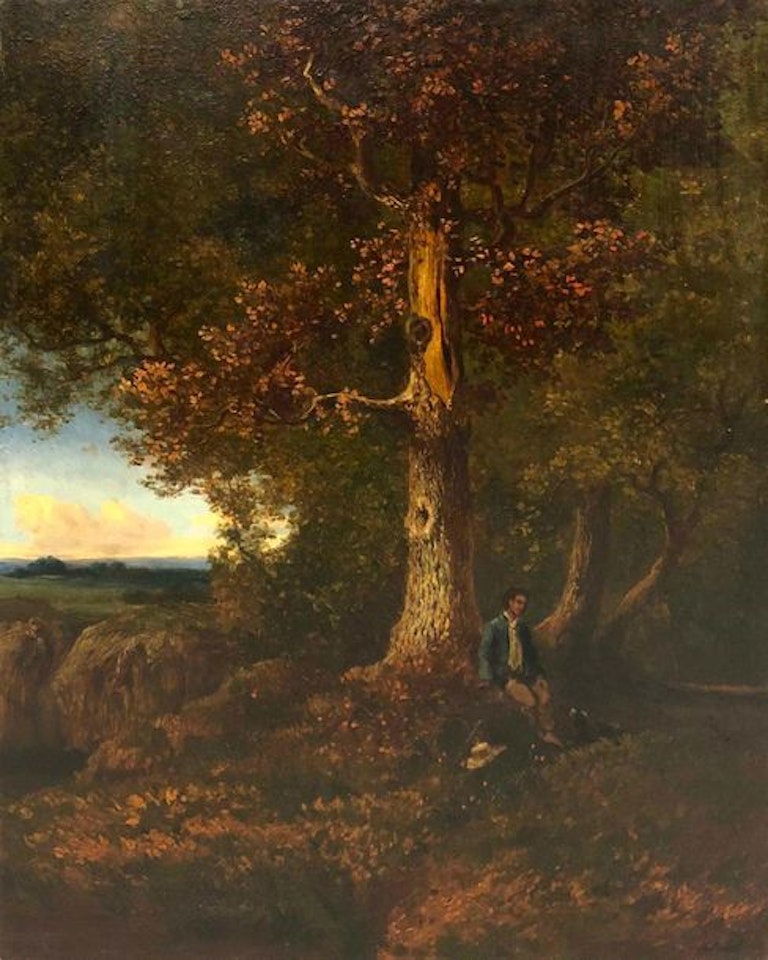 Walker and his dog in the forest by French School