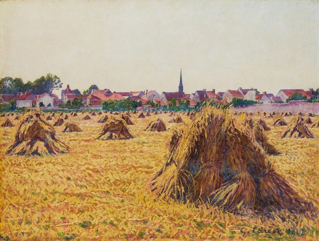 Fields with millstones in front of a village by Gustave Cariot