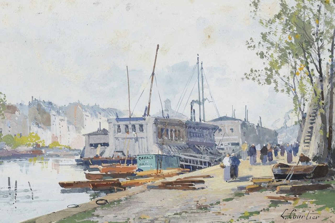 Wash boat and passers-by on the quays by Eugene Galien-Laloue