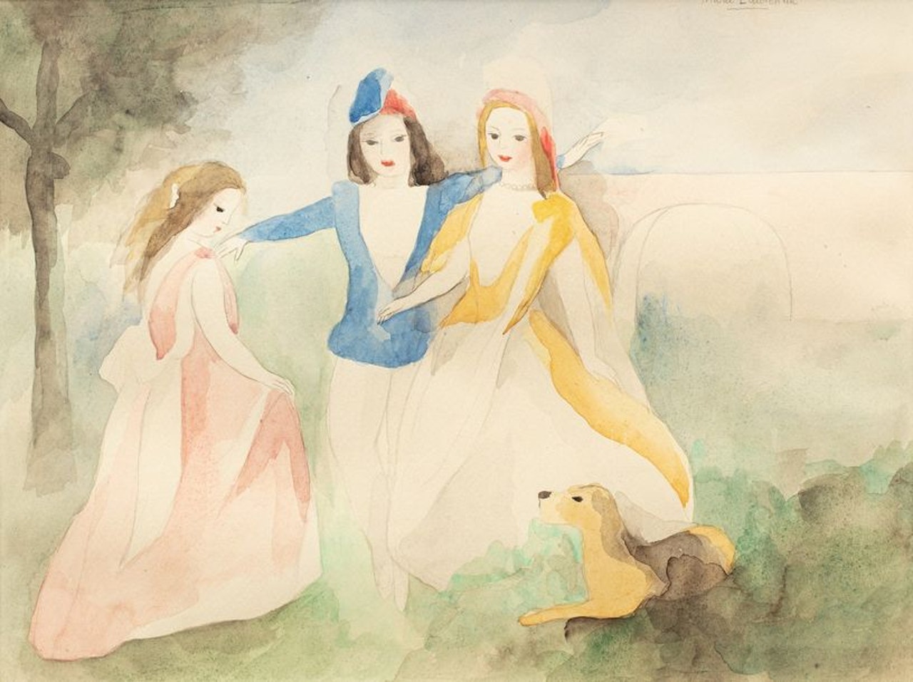 Three women playing with a dog by Marie Laurencin