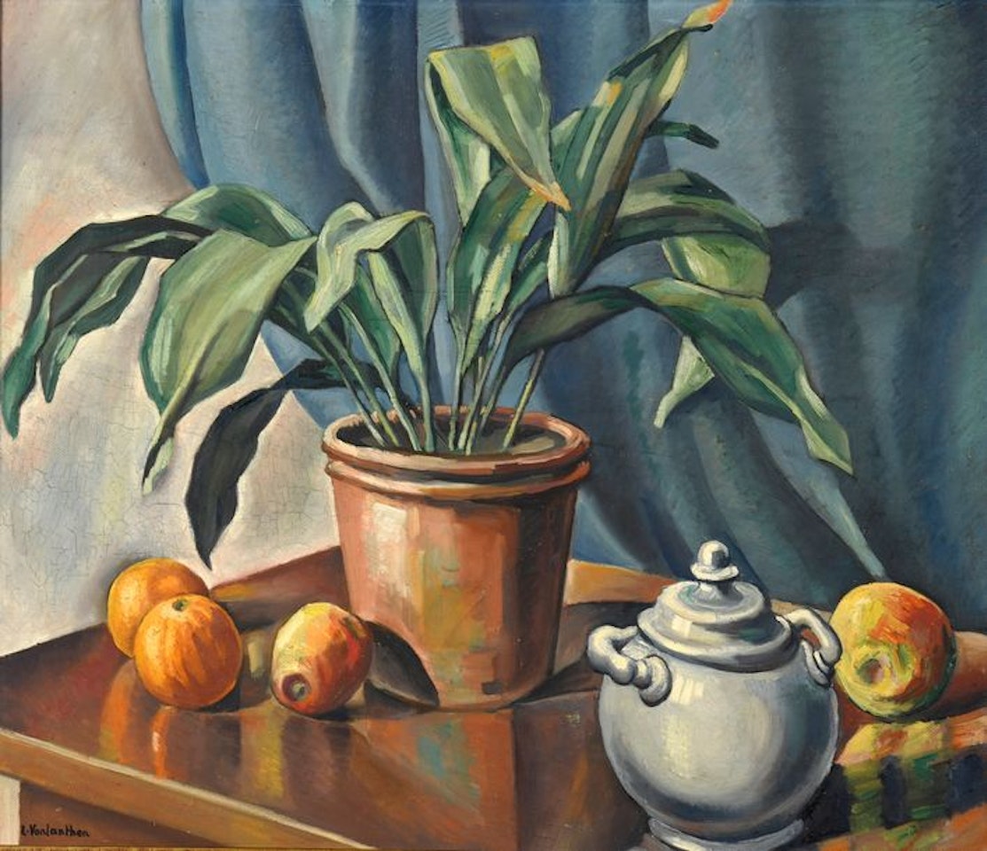 Plant, sugar bowl and fruits with blue hanging by Louis Vonlanthen