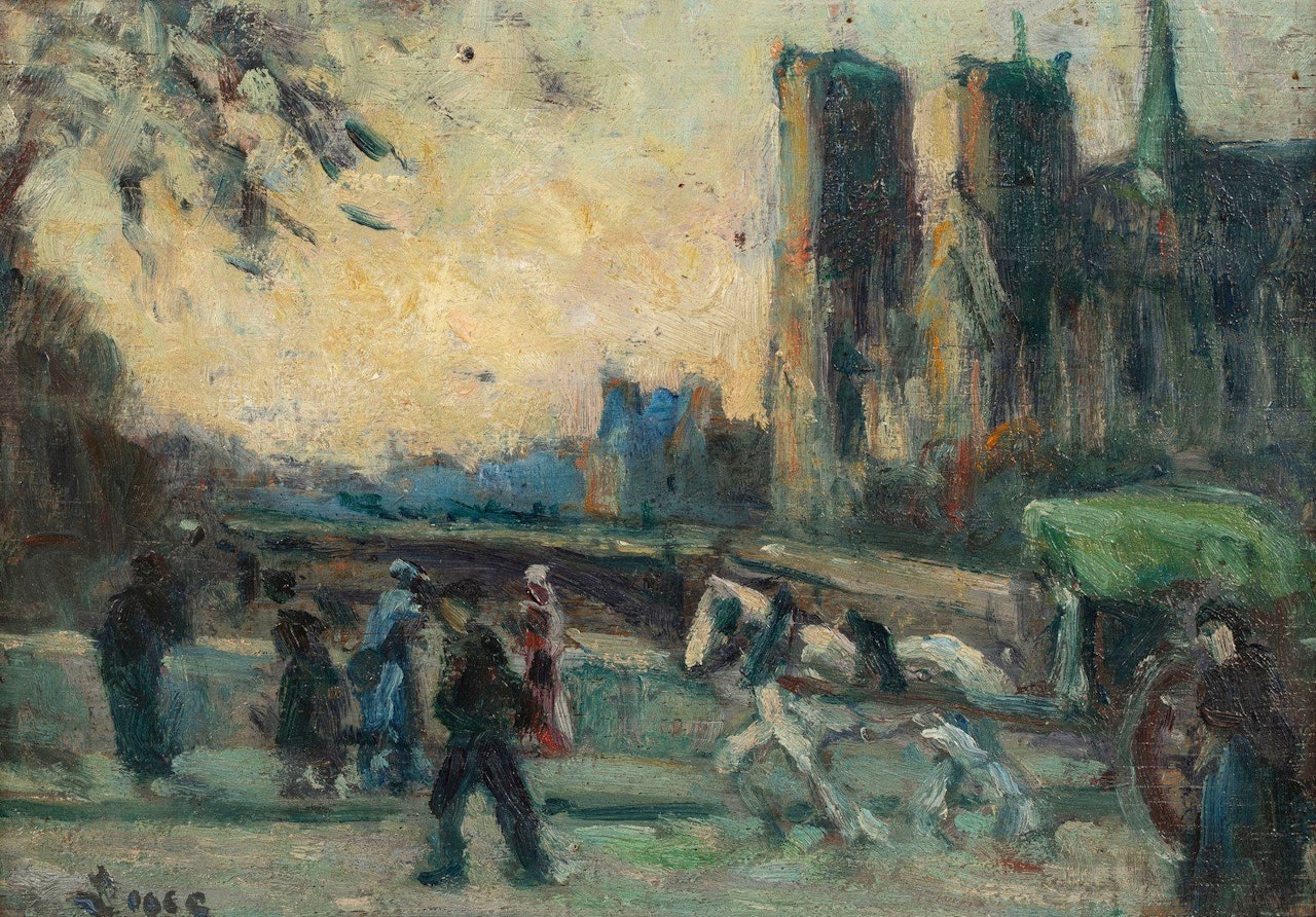 Cart and passers-by in front of Notre-Dame de Paris by Maximilien Luce