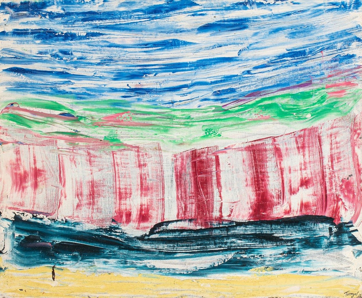 Red and green cliff between sky and sea by Thanos Tsingos